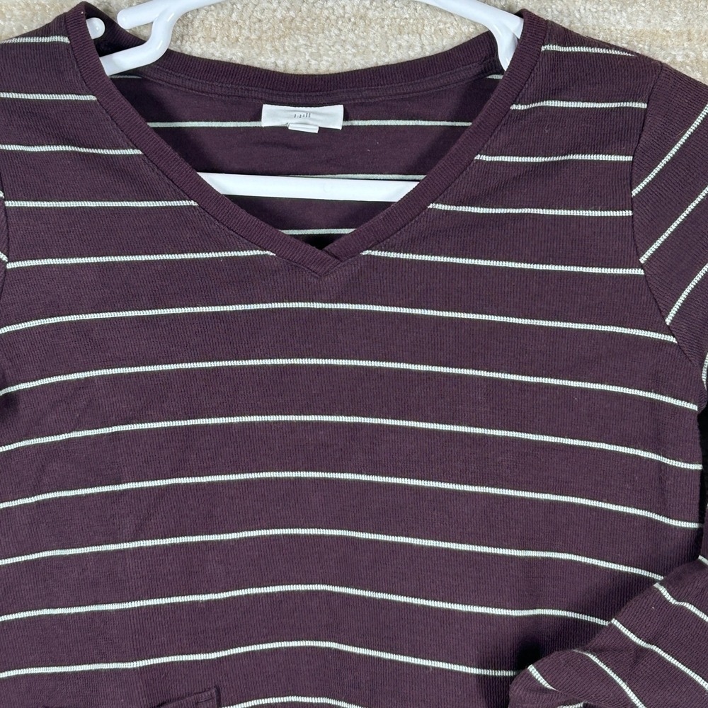 J. Jill Women Quiet Luxury Waffle Knit Striped V-Neck Pocket Top Burgundy SP